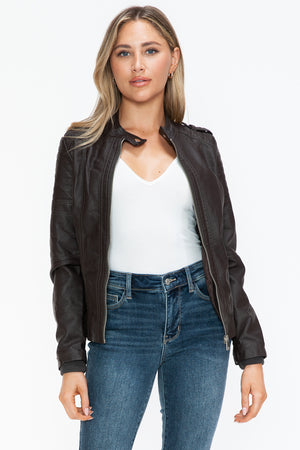 Snobbish PU Leather Biker Jacket with Side Zip Pockets - All Mine Now Clothing