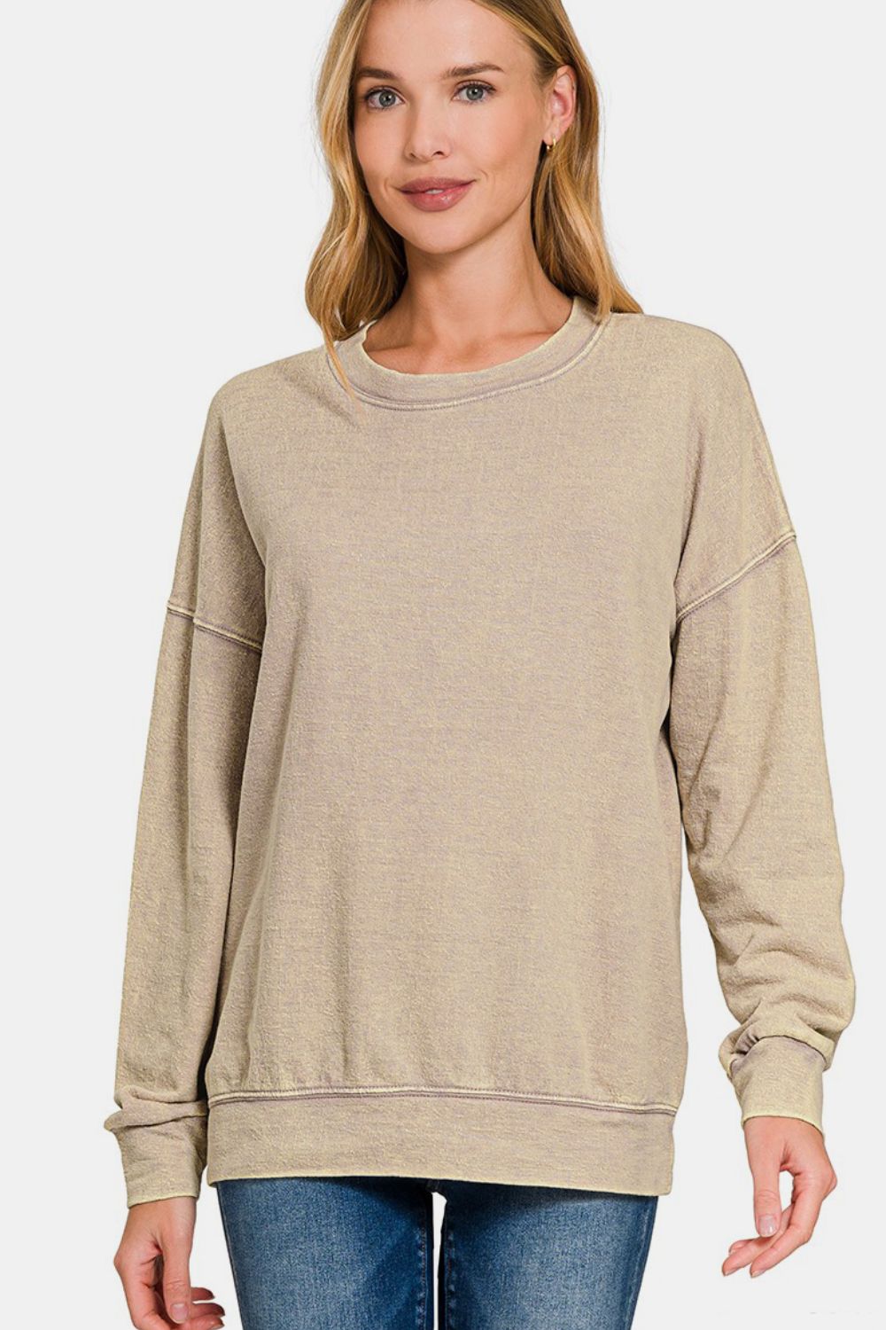 Zenana Washed Round Neck Dropped Shoulder Sweatshirt - All Mine Now Clothing