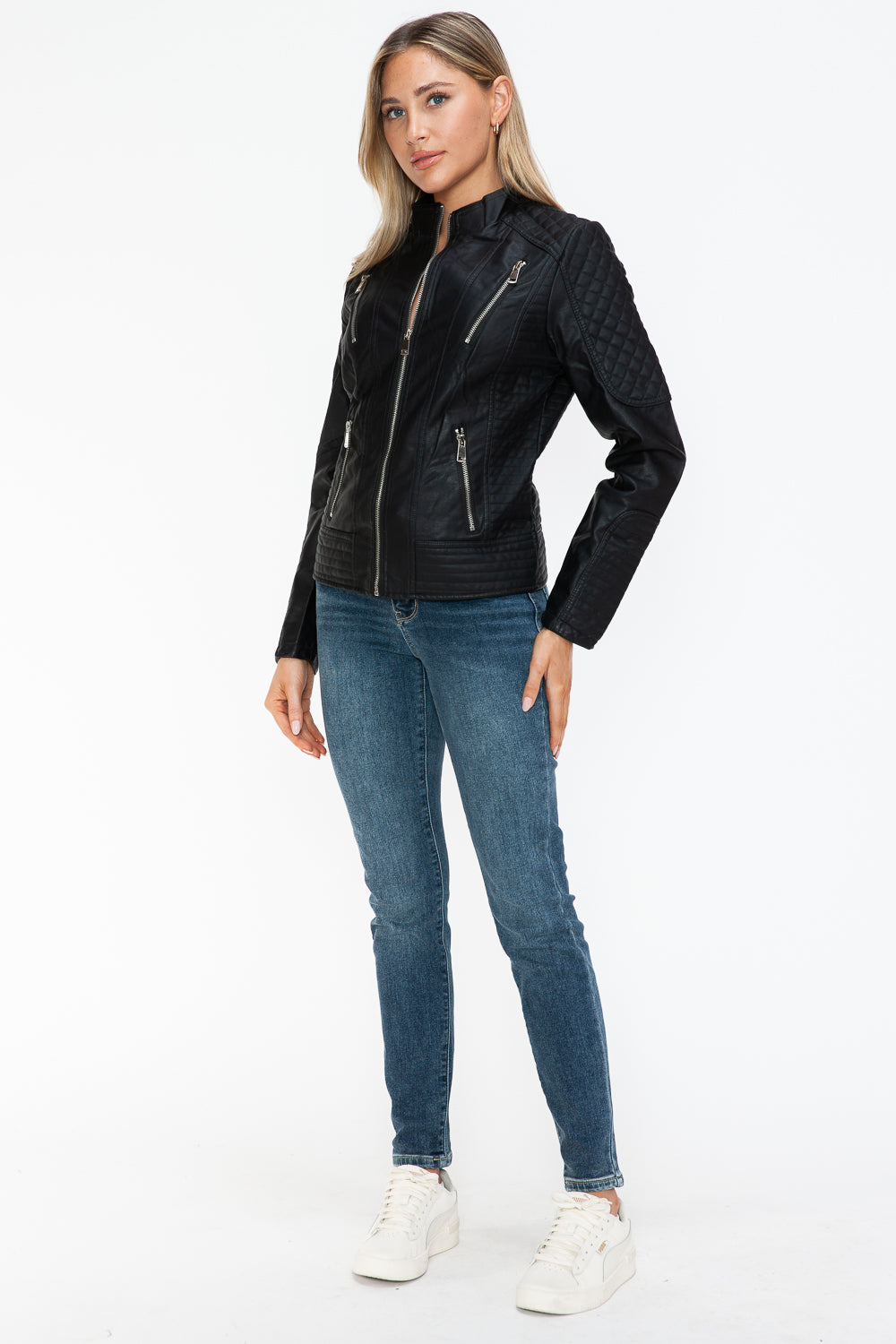 Snobbish Faux Leather Zip Up Mock Neck Jacket - All Mine Now Clothing