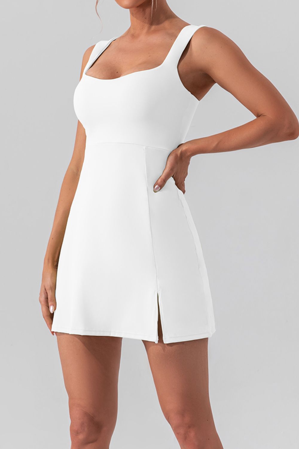 Square Neck Sleeveless Slit Mini Active Dress - All Mine Now Clothing