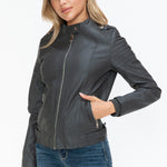 Snobbish PU Leather Biker Jacket with Side Zip Pockets - All Mine Now Clothing