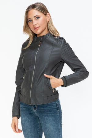 Snobbish PU Leather Biker Jacket with Side Zip Pockets - All Mine Now Clothing