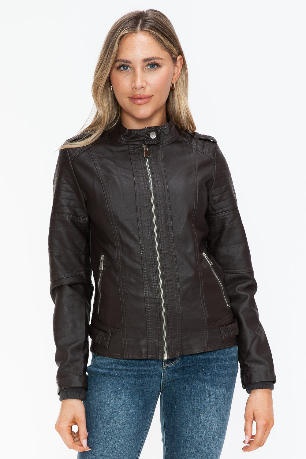 Snobbish PU Leather Biker Jacket with Side Zip Pockets - All Mine Now Clothing