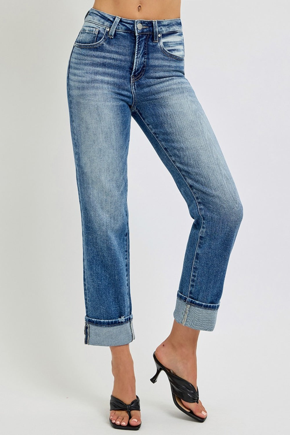 RISEN Full Size High Rise Crop Straight Roll Up Jeans Trendsi