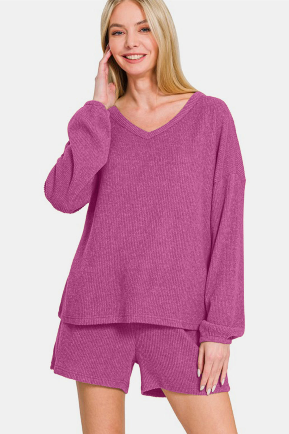 Zenana V-Neck Long Sleeve Ribbed Top and Shorts Set - All Mine Now Clothing