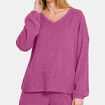 Zenana V-Neck Long Sleeve Ribbed Top and Shorts Set - All Mine Now Clothing