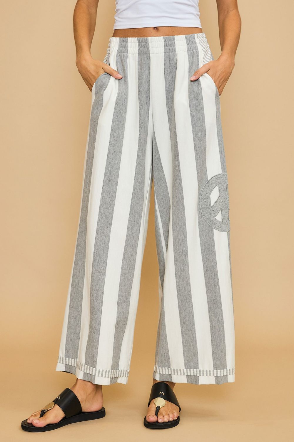 Umgee Peace Sign Patch Striped Wide Leg Pants - All Mine Now Clothing