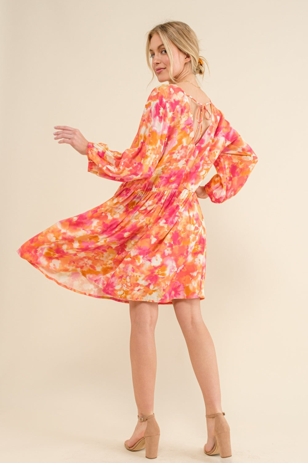 And The Why Full Size Printed Tie Back Long Sleeve Dress - All Mine Now Clothing