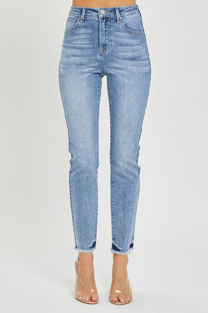 RISEN Full Size High Rise Frayed Hem Skinny Jeans Trendsi