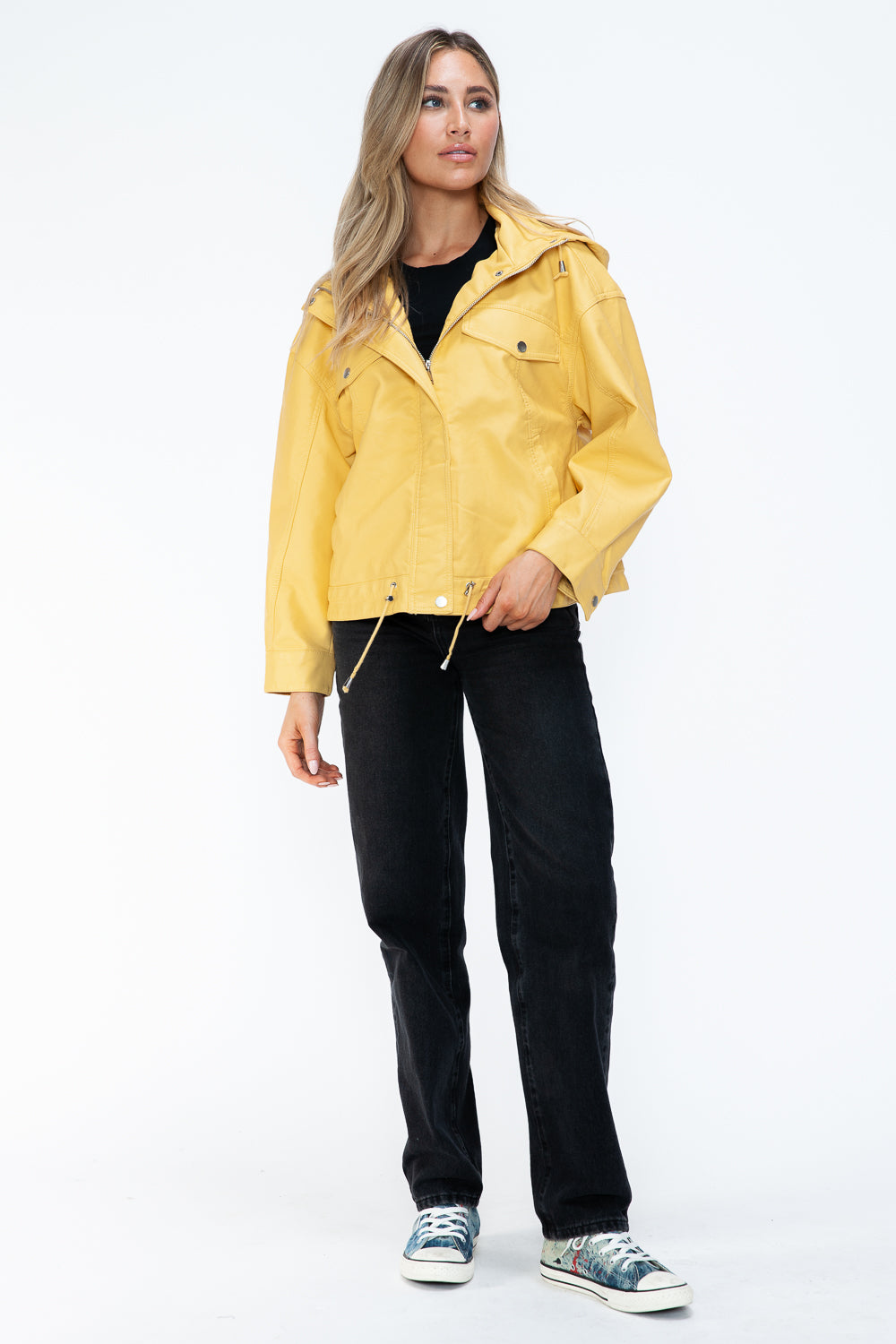 How Dare U Drawstring Hem PU Leather Zip Up Jacket - All Mine Now Clothing