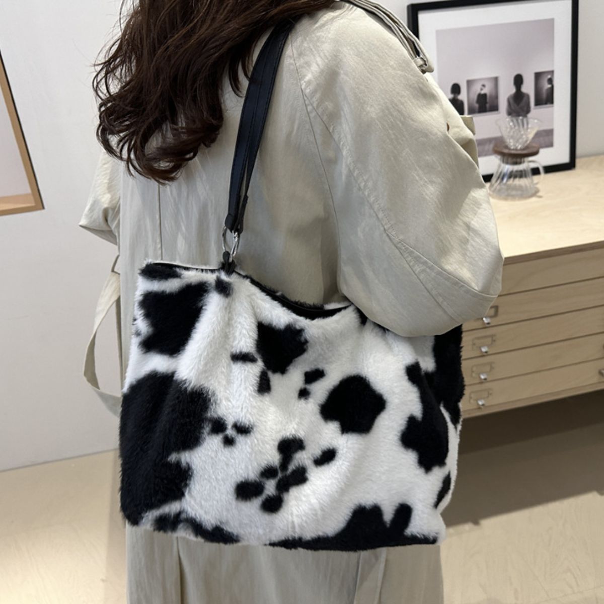 Cow Print Furry Tote Bag - All Mine Now Clothing