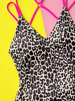 Leopard Plunge Spaghetti Strap One-Piece Swimwear - All Mine Now Clothing