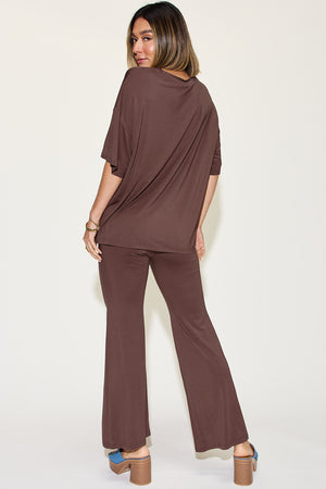 Basic Bae Full Size Bamboo Drop Shoulder T-Shirt and Flare Pants Set - All Mine Now Clothing