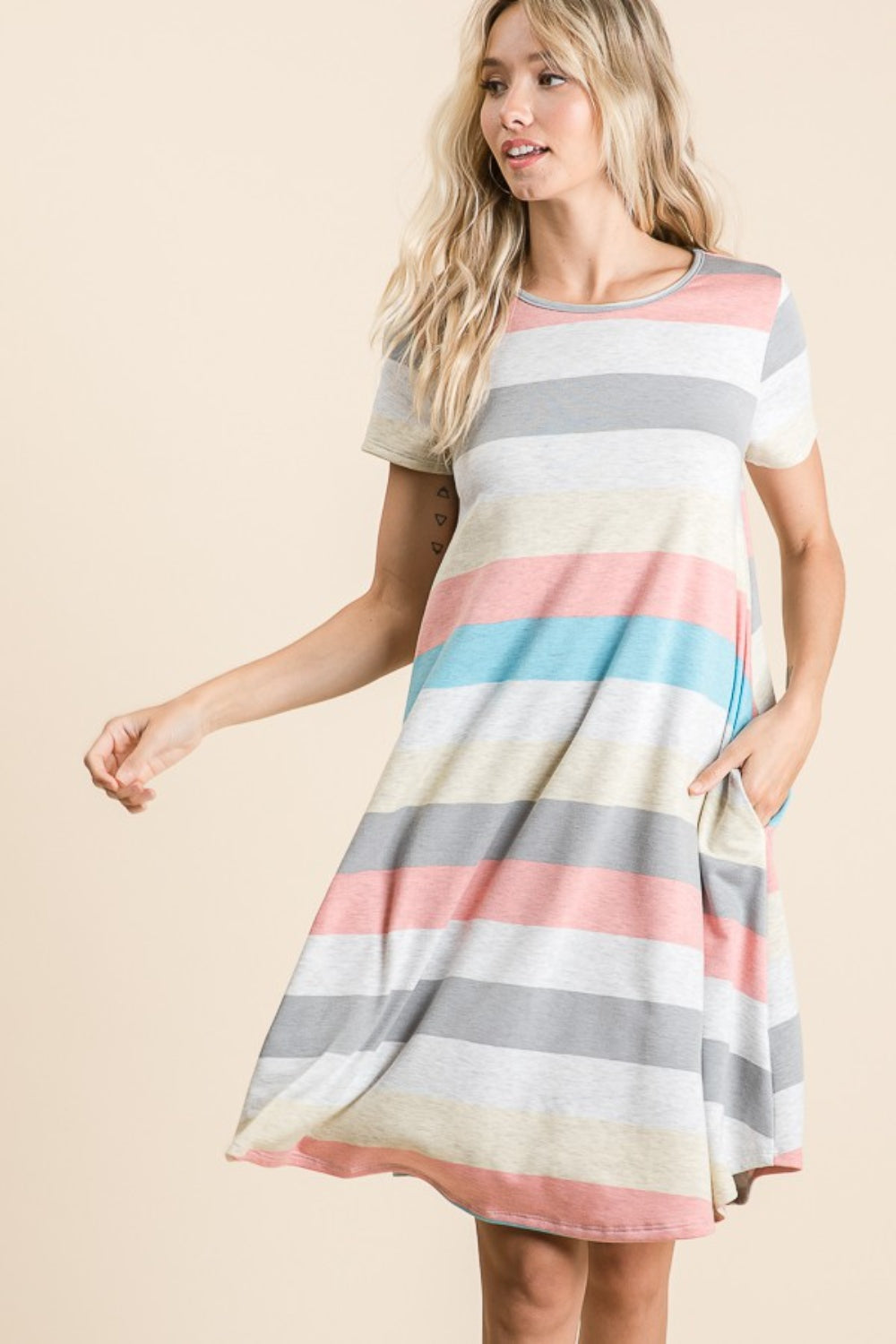 BOMBOM Striped Short Sleeve Dress with Pockets - All Mine Now Clothing