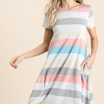 BOMBOM Striped Short Sleeve Dress with Pockets - All Mine Now Clothing