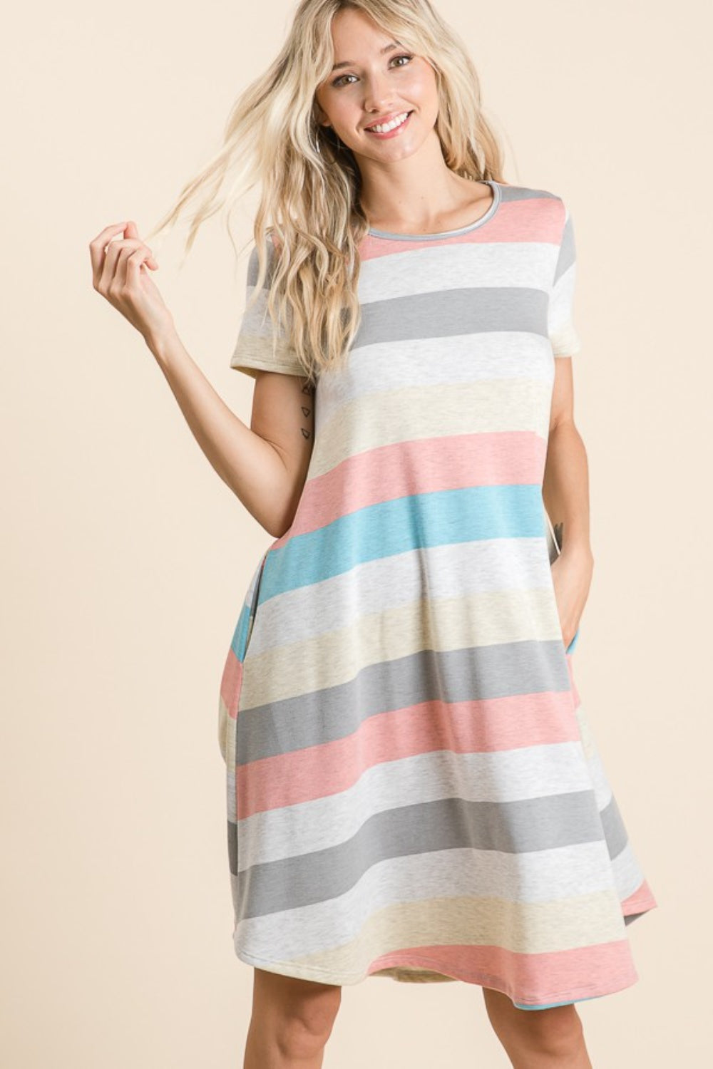 BOMBOM Striped Short Sleeve Dress with Pockets - All Mine Now Clothing