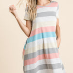 BOMBOM Striped Short Sleeve Dress with Pockets - All Mine Now Clothing