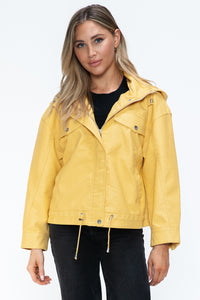 How Dare U Drawstring Hem PU Leather Zip Up Jacket - All Mine Now Clothing