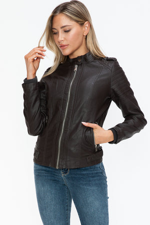 Snobbish PU Leather Biker Jacket with Side Zip Pockets - All Mine Now Clothing