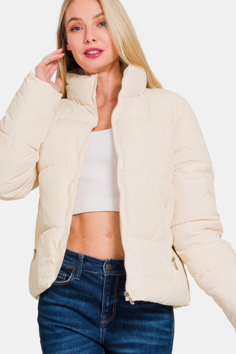 Zenana Zip Up Turtleneck Puffer Jacket with Pockets Trendsi