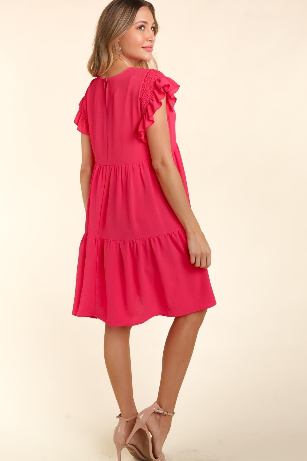 Haptics Full Size Smocking Ruffle Short Sleeve Dress with Pockets - All Mine Now Clothing