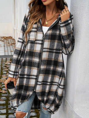 Devine Plaid Zip Up Hooded Coat - All Mine Now Clothing