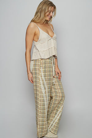 POL Lace Trim Drawstring Checkered Wide Leg Pants - All Mine Now Clothing