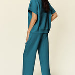 Double Take Full Size Texture Half Zip Short Sleeve Top and Pants Set - All Mine Now Clothing