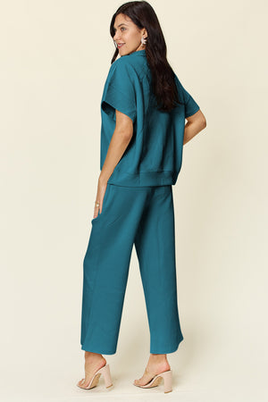 Double Take Full Size Texture Half Zip Short Sleeve Top and Pants Set - All Mine Now Clothing