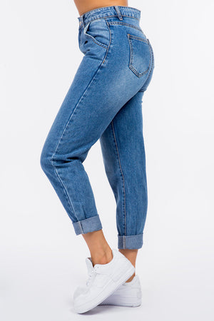 American Bazi High Waist Pleated Waist Mom Jeans Trendsi