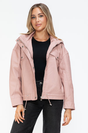 How Dare U Drawstring Hem PU Leather Zip Up Jacket - All Mine Now Clothing