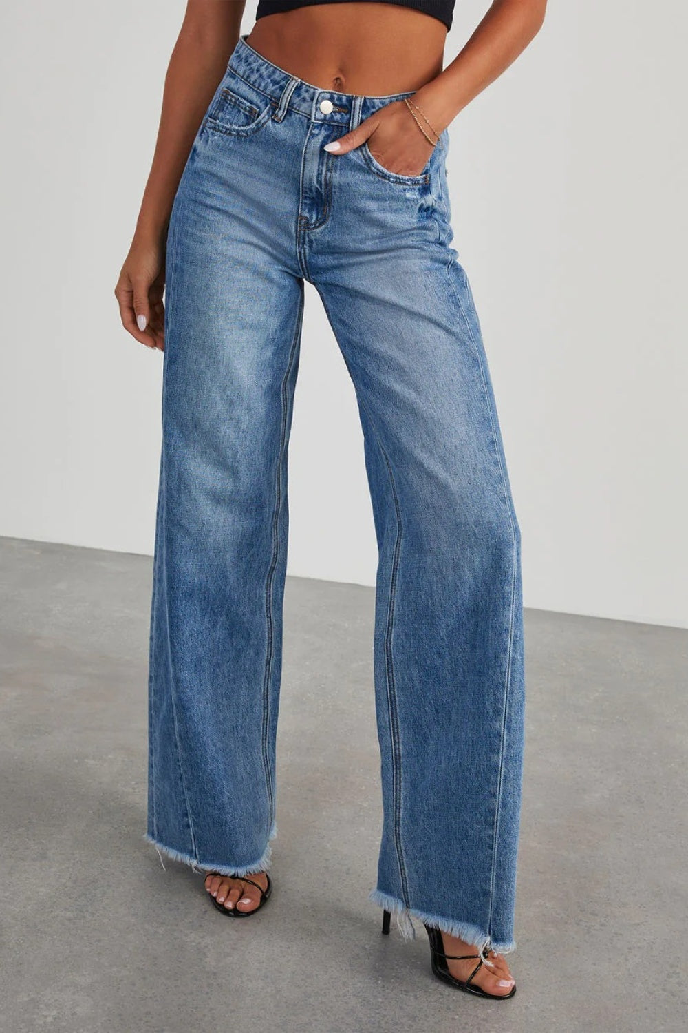 Raw Hem Wide Leg Jeans with Pockets Trendsi