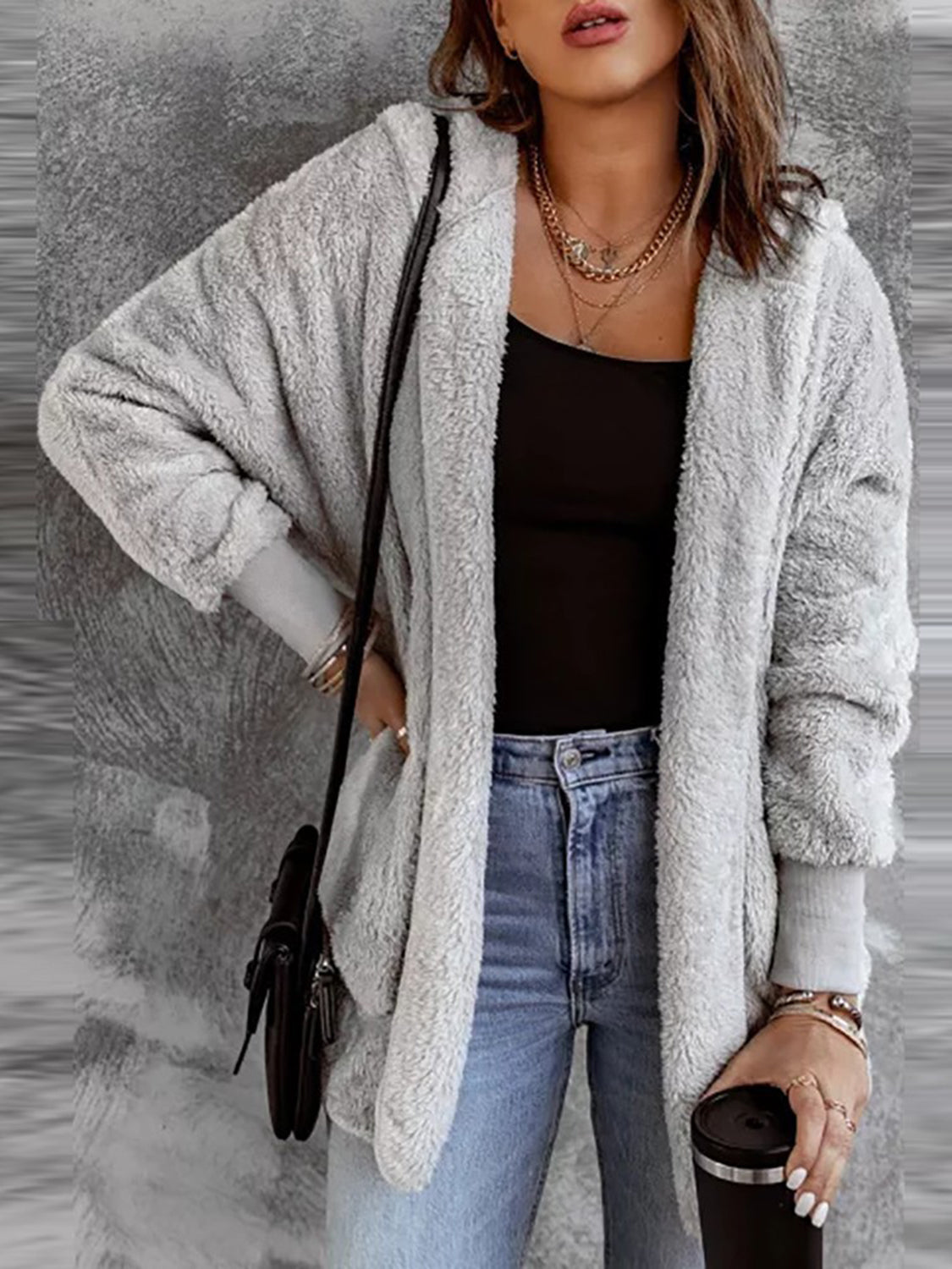 Open Front Hooded Faux Fur Outwear with Pockets - All Mine Now Clothing