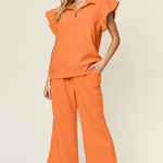 Double Take Texture Ruffle Short Sleeve Top and Drawstring Wide Leg Pants Set - All Mine Now Clothing