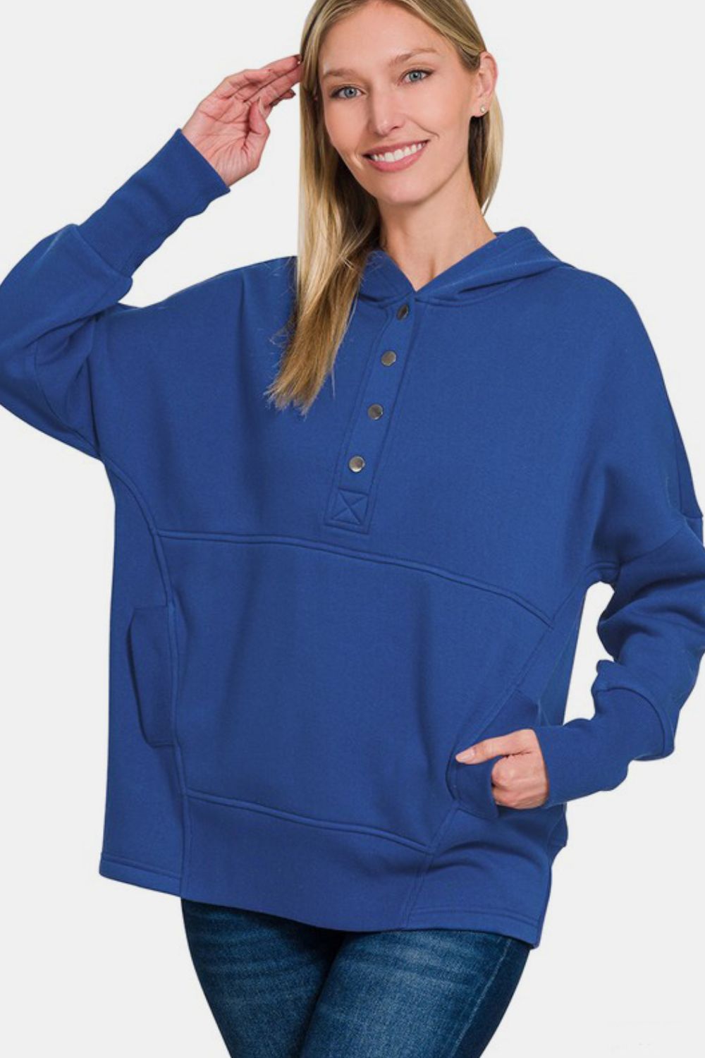 Zenana Half Snap Long Sleeve Hoodie with Kangaroo Pocket - All Mine Now Clothing