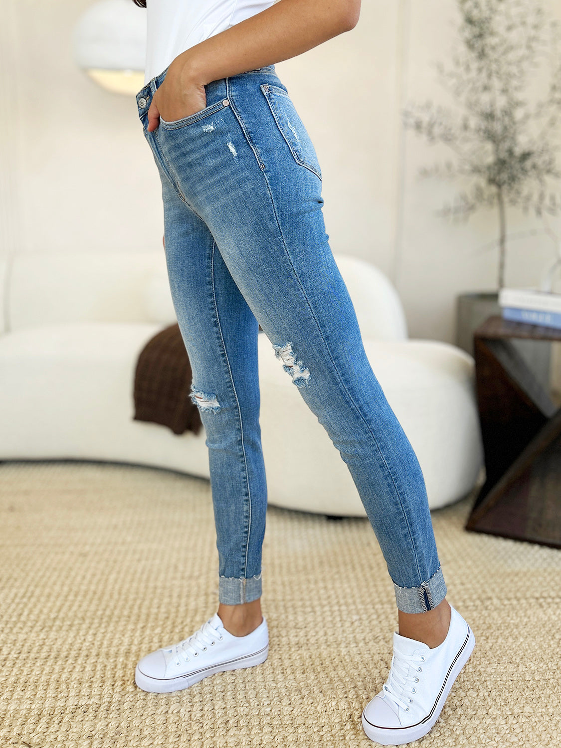 Judy Blue Full Size Mid Rise Destroy & Cuff Skinny Jeans Trendsi