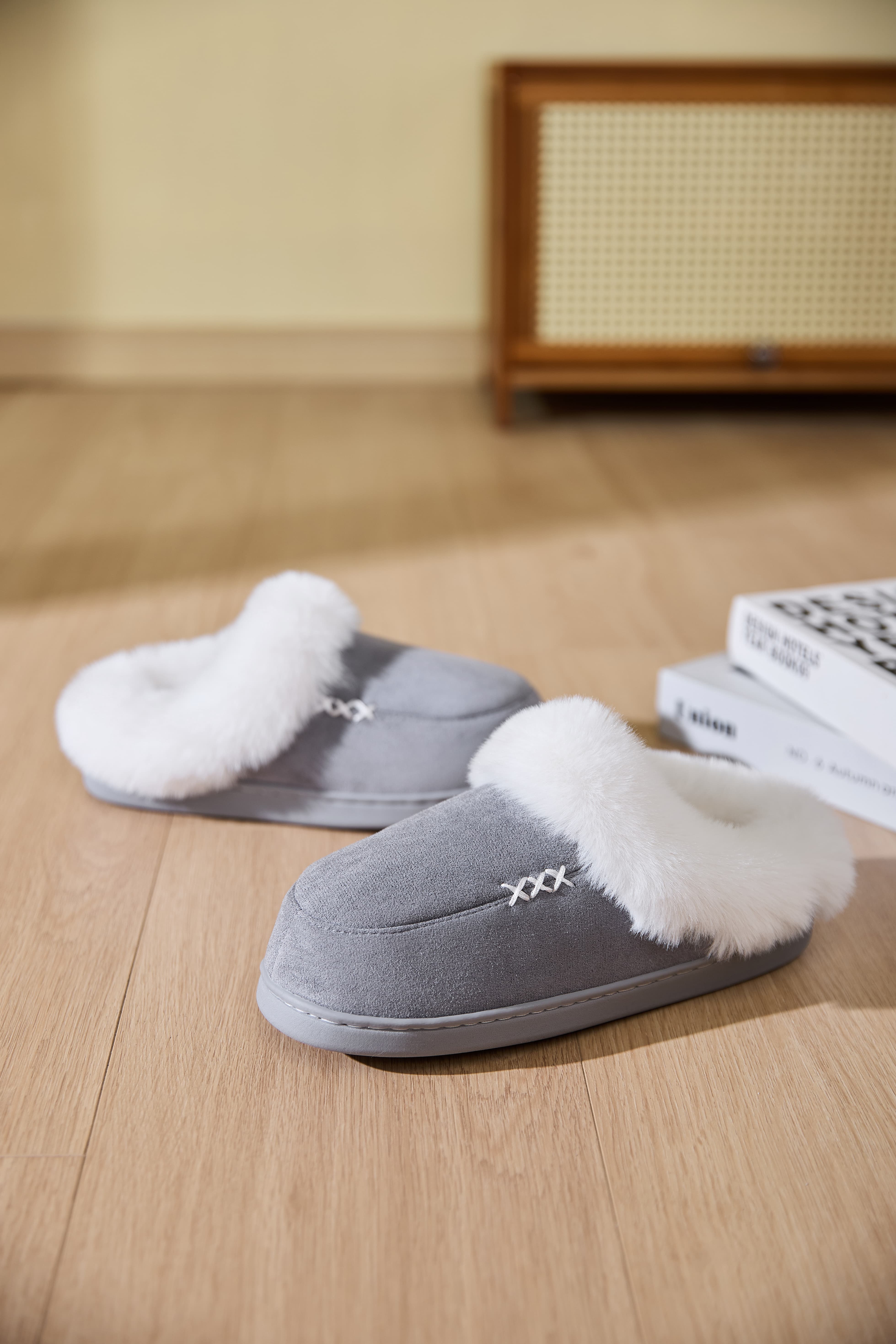 Fluff Trim Round Toe Flat Slippers - All Mine Now Clothing