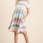 BOMBOM Striped Short Sleeve Dress with Pockets - All Mine Now Clothing