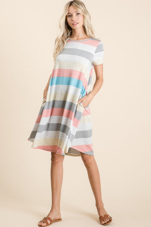 BOMBOM Striped Short Sleeve Dress with Pockets - All Mine Now Clothing