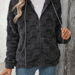 Checkered Texture Zip Up Drawstring Fuzzy Jacket - All Mine Now Clothing