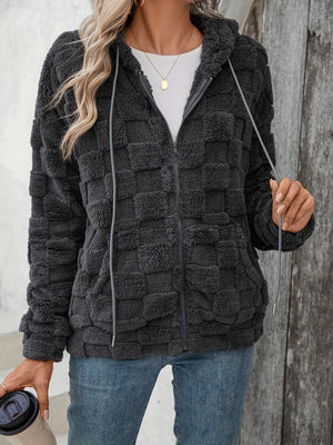 Checkered Texture Zip Up Drawstring Fuzzy Jacket - All Mine Now Clothing