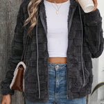 Checkered Texture Zip Up Drawstring Fuzzy Jacket - All Mine Now Clothing