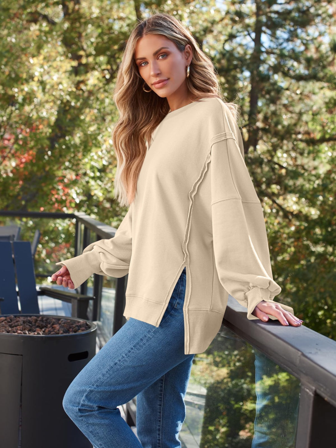 Slit Round Neck Long Sleeve Sweatshirt - All Mine Now Clothing