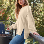 Slit Round Neck Long Sleeve Sweatshirt - All Mine Now Clothing