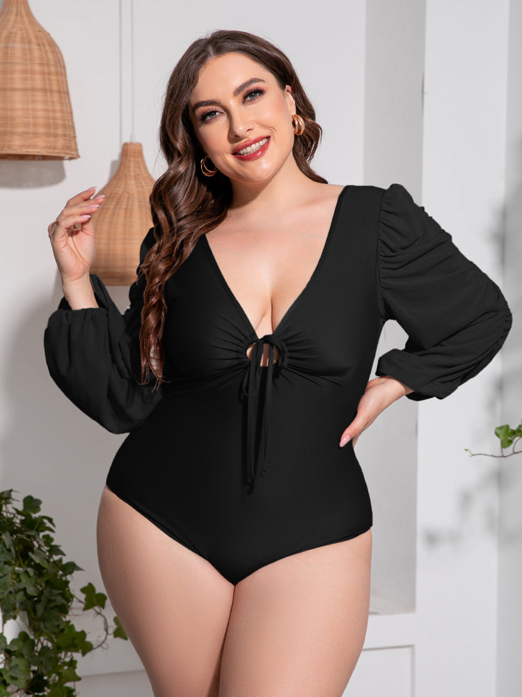 Plus Size Tied Deep V Balloon Sleeve One-Piece Swimsuit - All Mine Now Clothing