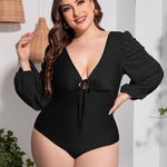 Plus Size Tied Deep V Balloon Sleeve One-Piece Swimsuit - All Mine Now Clothing