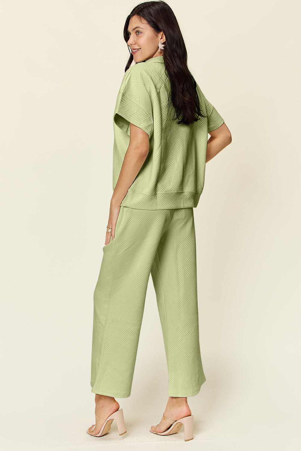 Double Take Full Size Texture Half Zip Short Sleeve Top and Pants Set - All Mine Now Clothing