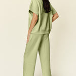 Double Take Full Size Texture Half Zip Short Sleeve Top and Pants Set - All Mine Now Clothing