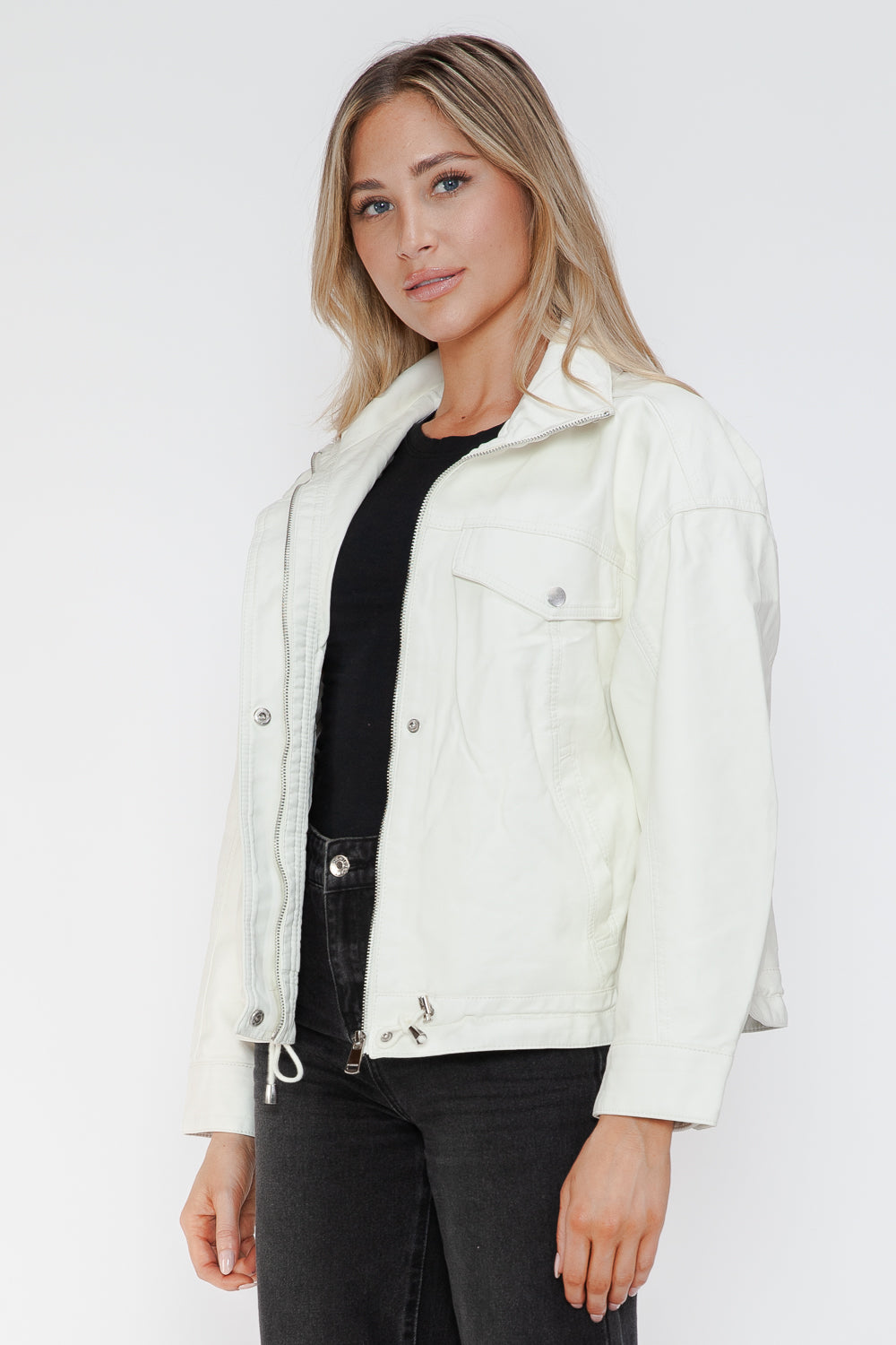 How Dare U Drawstring Hem PU Leather Zip Up Jacket - All Mine Now Clothing