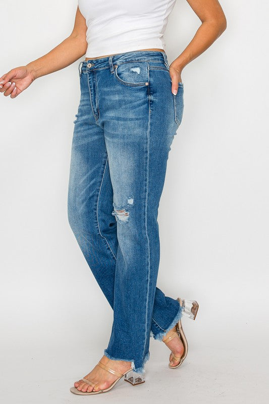 bytos Full Size Raw Hem Distressed Mid Rise Straight Jeans - All Mine Now Clothing